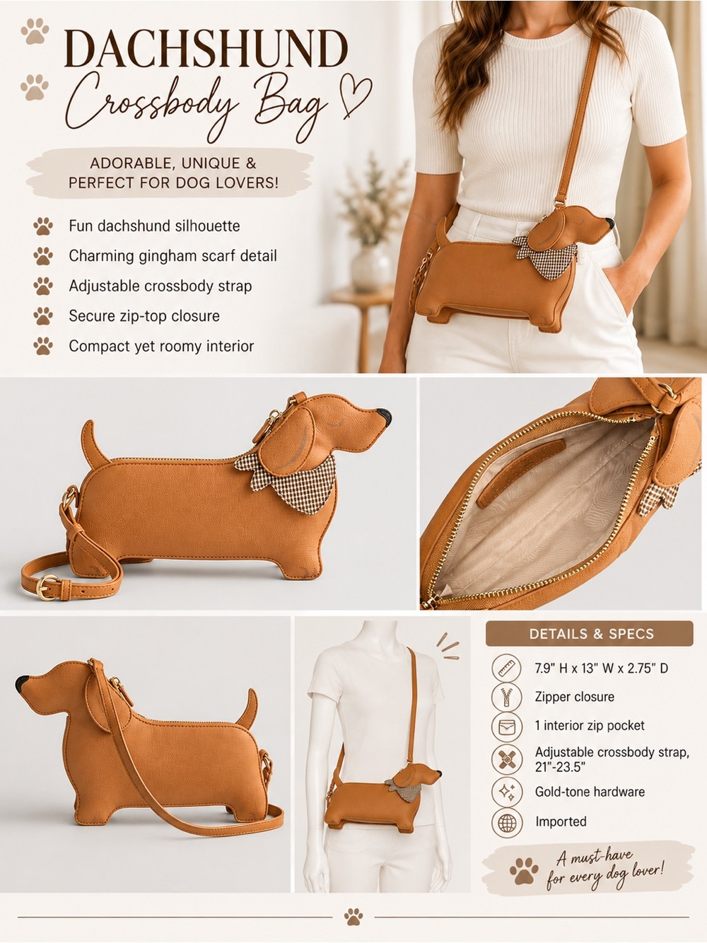 LC Lauren Conrad Tan Dachshund Crossbody Bag with Gingham Scarf Accent